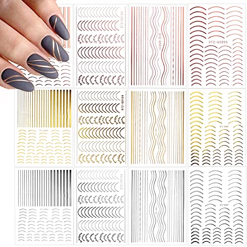 EBANKU 12 Blatt Nagelsticker, Metallic Nagelaufkleber Selbstklebend, 3D Gold Silber Rosegold Nail Aufkleber DIY Nagelkunst Linie Nagelaufkleber Metallic Nagelaufkleber Maniküre Dekoration von EBANKU