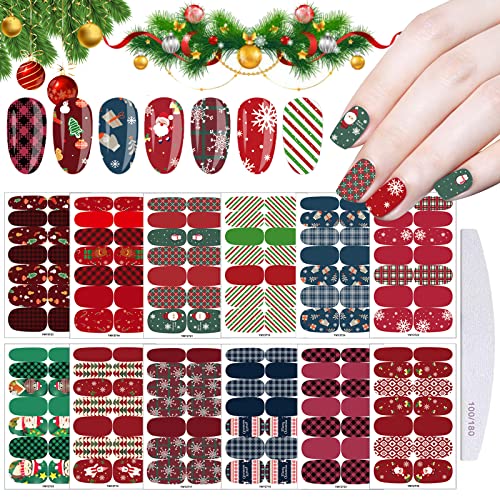 EBANKU 12 Blatt Weihnachten Full Wraps Nail Sticker Selbstklebende Nail Art Sticker Schneemann Schneeflocke Nail Wrap Decals Maniküre Nail Art Dekoration für Frauen Mädchen mit 1 Stück Nagelfeile von EBANKU
