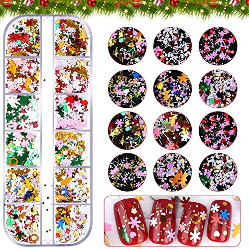 EBANKU 12 Gitter Weihnachten Schneeflocke Nagel Pailletten, Schillernde Schneeflocke Flocke Nagel Glitter Weihnachtsdekoration Sparkly Glitter für Weihnachten Party (Christmas E) von EBANKU