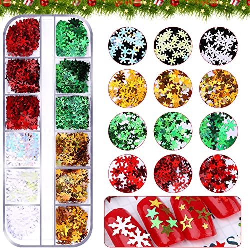 EBANKU 12 Gitter Weihnachten Schneeflocke Nagel Pailletten, Schillernde Schneeflocke Flocke Nagel Glitter Weihnachtsdekoration Sparkly Glitter für Weihnachten Party (Christmas G) von EBANKU