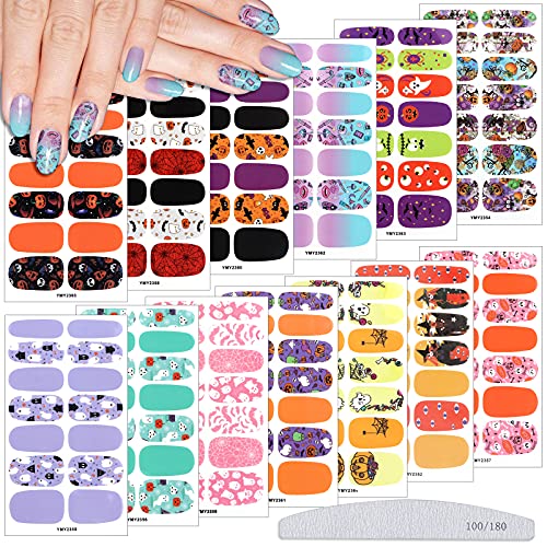 EBANKU 13 Blatt Halloween Nagelsticker mit 1 Stücke Nagelfeilen, Nagelaufkleber Nagelkunst Sticker Selbstklebende Nagelfolie Maniküre Sticker Schädel Kürbis für Frauen Mädchen Nail Art Dekoration von EBANKU