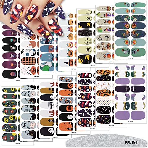 EBANKU 14 Blatt Halloween Nail Art Sticker, 3D Full Nail Wraps Selbstklebende Nagellack Sticker Decals mit 1 Nagelfeile für Frauen Mädchen Halloween Party Nail Decor von EBANKU
