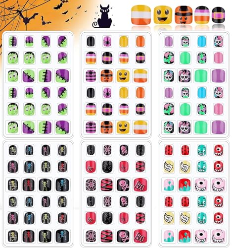 EBANKU 144 Stk Halloween Künstliche Nägel Zum Aufkleben Kinder falsche Fingernägel Selbstklebend Kunstnägel Fake Nails zum aufkleben für Mädchen Kinder von EBANKU