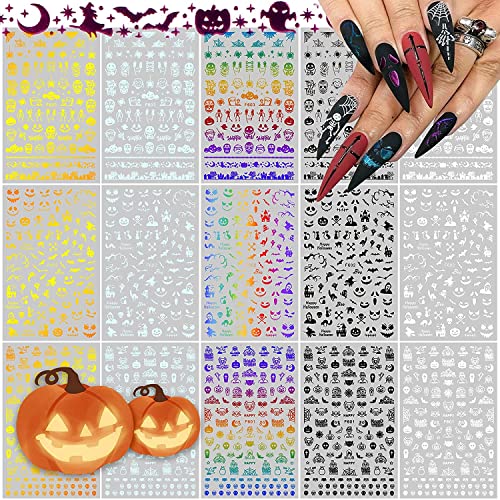 EBANKU 15 Blatt Halloween Nagelsticker, 3D Laser Nail Art Aufkleber Nagel Sticker Nail Stickers Skull Fledermaus Geist Kürbis Spinne selbstklebende Gold Silber Bunte Nagel Abziehbilder DIY Nagelkunst von EBANKU