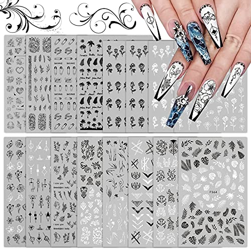 EBANKU 16 Blatt Nagelaufkleber Selbstklebend Nagelsticker Blumen Nagel Aufkleber, 3D Schwarz Weiße Nägel Zum Aufkleben Nagel Zubehör Nageldesign DIY Nagel Dekoration für Frauen Mädchen von EBANKU