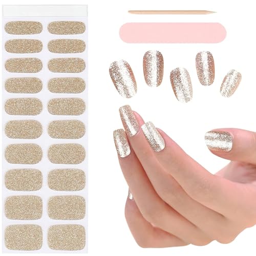 EBANKU 1 PCS Gel Nail Wraps Nagelsticker, Gold Glitter Full Wraps Nagelaufkleber Cured Gel Nail Strips Gel Nagel Aufkleber für Frauen Mädchen Dekoration-15 von EBANKU