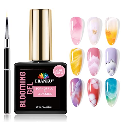 EBANKU 20ml Blooming Gel Nagelset transparenter Soak Off UV LED Gellack für einen streichbaren Effekt in Aquarell und Marmor Nageldesign für Frauen und Mädchen inklusive Nagelpinsel von EBANKU