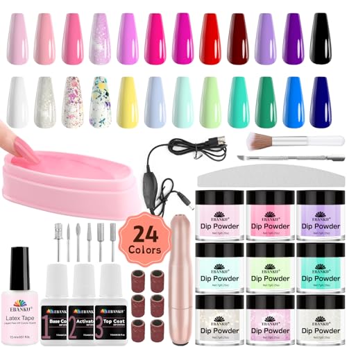 EBANKU 24 Farben Dip-Pulver-Nagelset mit elektrischem Nagelbohrer Grund- und Deckschicht/Aktivator Flüssigkeit Nagelkunst Maniküre für täglich zu Hause Party Geschenke für Frauen von EBANKU