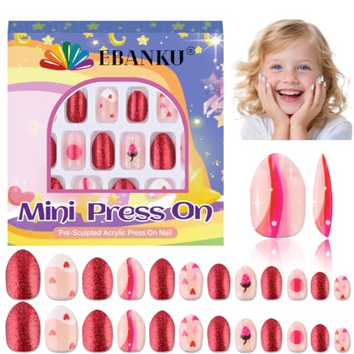 EBANKU 24 Stück Kind Falsche Nägel Kit, Mandel Presse auf Nägel für Liebliches Herz Presse auf Nagel kurze künstliche falsche für Kinder Mädchen von EBANKU