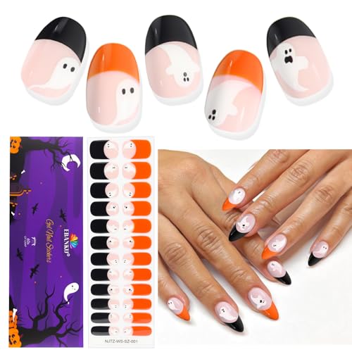 EBANKU 24PCS HalloweenUV Gel Nagelfolie, Nagelfolie UV Härtend | Nagelfolie Selbstklebend | Gel UV Stickers Nagelaufkleber fur Frauen Mädchen Halloween Nageldekoration(Schwarz Orange French Geist) von EBANKU