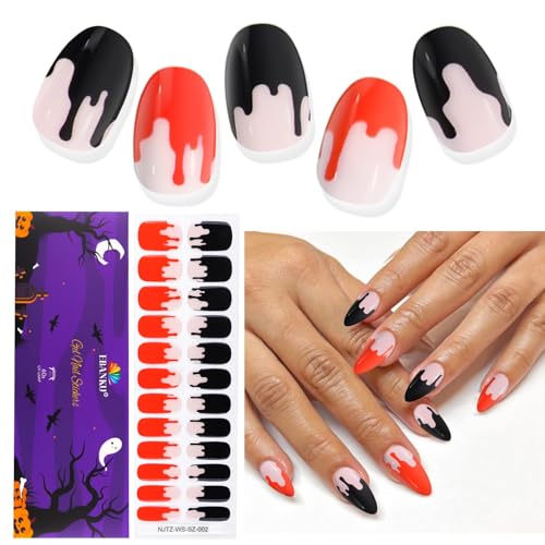 EBANKU 24PCS HalloweenUV Gel Nagelfolie, Nagelfolie UV Härtend | Nagelfolie Selbstklebend | Gel UV Stickers Nagelaufkleber fur Frauen Mädchen Halloween Nageldekoration(Schwarz-Rot French Blut) von EBANKU