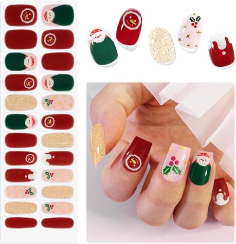 EBANKU 24PCS Weihnachts UV Gel Nagelfolie, Nagelfolie UV Härtend | Nagelfolie Selbstklebend | Gel UV Stickers Nagelaufkleber fur Frauen Mädchen Weihnachts Nageldekoration(Rot Grün Glitzer) von EBANKU