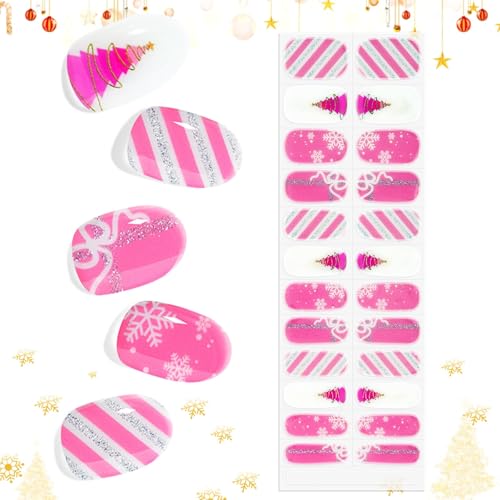 EBANKU 24PCS Weihnachts UV Gel Nagelfolie, Nagelfolie UV Härtend | Nagelfolie Selbstklebend | Gel UV Stickers Nagelaufkleber fur Mädchen Weihnachts Nageldekoration(Rosa Weiß) von EBANKU
