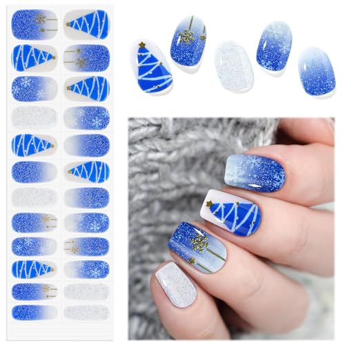 EBANKU Weihnachten halbgehärtete Gel Nagelstreifen, Glitzer Gel Nagellackstreifen, langlebig, wasserfest, vollständige Nagelfolien, Aufkleber, Nagelfeile (Glitzernd Blau Weihnachtsbaum Schneeflocke) von EBANKU