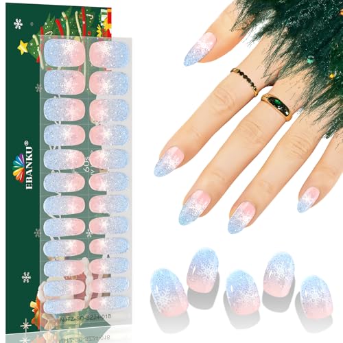 EBANKU Weihnachten halbgehärtete Gel Nagelstreifen, Glitzer Gel Nagellackstreifen, langlebig, wasserfest, vollständige Nagelfolien, Aufkleber, Nagelfeile (Hellblaue Schneeflocken) von EBANKU