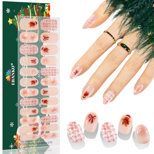 EBANKU Weihnachten halbgehärtete Gel Nagelstreifen, Glitzer Gel Nagellackstreifen, langlebig, wasserfest, vollständige Nagelfolien, Aufkleber, Nagelfeile (Karierte Streifen und Schleifen) von EBANKU