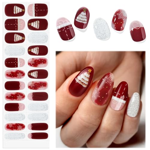 EBANKU Weihnachten halbgehärtete Gel Nagelstreifen, Glitzer Gel Nagellackstreifen, langlebig, wasserfest, vollständige Nagelfolien, Aufkleber, Nagelfeile (Rot und Silber) von EBANKU