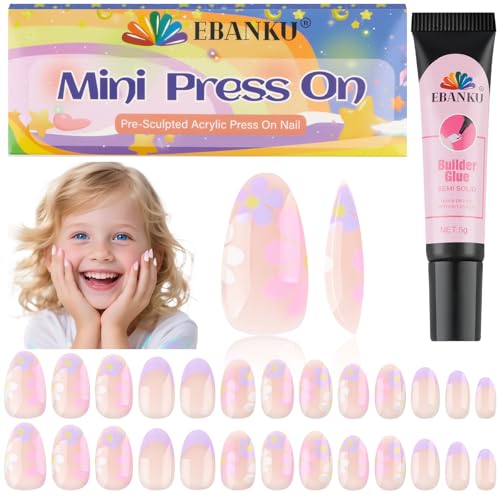 EBANKU 26 Stück Nägel aufdrücken für Kinder, Mandel Volle Deckung Acrylnagel Tip Kit mit Nagelkleber Kinder kurze künstliche falsche Nägel Kits für Mädchen von EBANKU