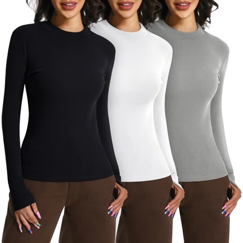 EBANKU 3 Packs Langarm Oberteile für Damen, Rollkragen Unterwäsche eng anliegende schmale Passform einfarbige elastische T-Shirt Oberteile von EBANKU