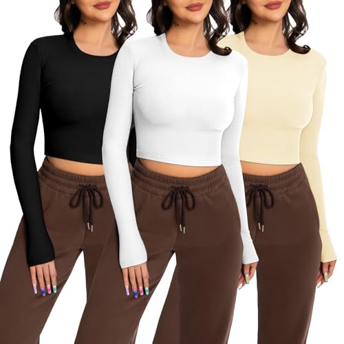 EBANKU 3 Packs langärmlige Crop Tops für Damen, Rundhalsausschnitt Geripptes T-Shirt Slim Fit lässige Basic Tops von EBANKU