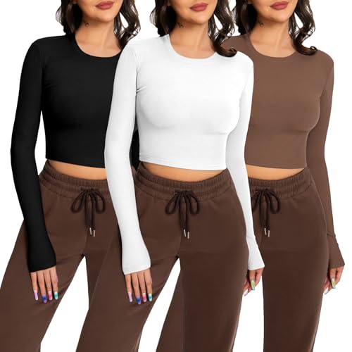 EBANKU 3 Packs langärmlige Crop Tops für Damen, Rundhalsausschnitt Geripptes T-Shirt Slim Fit lässige Basic Tops von EBANKU