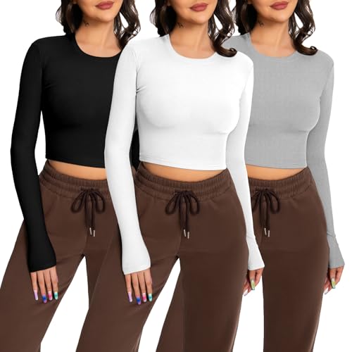 EBANKU 3 Packs langärmlige Crop Tops für Damen, Rundhalsausschnitt Geripptes T-Shirt Slim Fit lässige Basic Tops von EBANKU