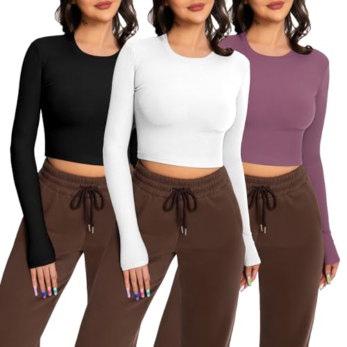 EBANKU 3 Packs langärmlige Crop Tops für Damen, Rundhalsausschnitt Geripptes T-Shirt Slim Fit lässige Basic Tops von EBANKU