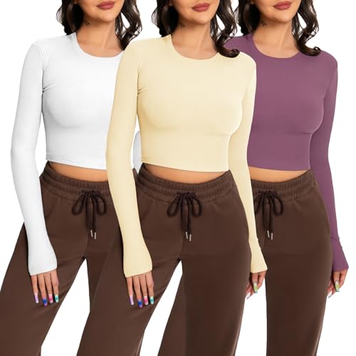 EBANKU 3 Packs langärmlige Crop Tops für Damen, Rundhalsausschnitt Geripptes T-Shirt Slim Fit lässige Basic Tops von EBANKU