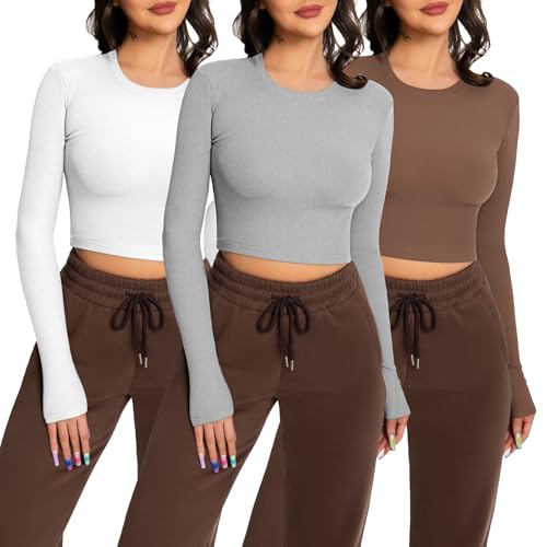 EBANKU 3 Packs langärmlige Crop Tops für Damen, Rundhalsausschnitt Geripptes T-Shirt Slim Fit lässige Basic Tops von EBANKU