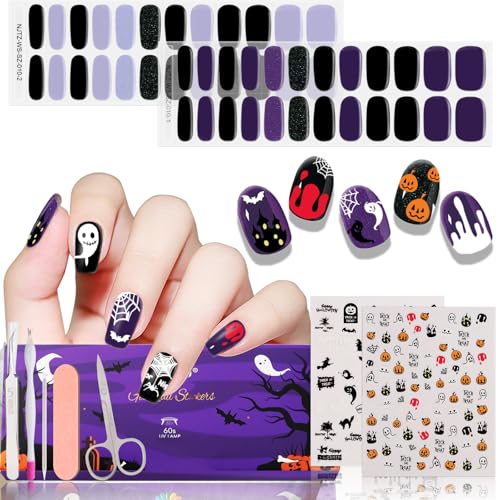 EBANKU 55P Halloween SemiCured Gel Strips Set, Aufkleber DIY Dekoration Kit für Halloween Mädchen Geschenk, mit Tool (Purple Glam) von EBANKU