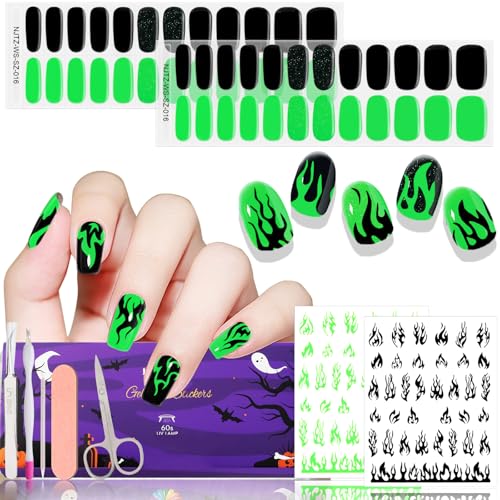 EBANKU Gel-Aufkleber, Folien für Hände und Fußnägel, selbstklebende, halbgehärtete Gelstreifen für Kunsthände und Zehen, Feile (UV-/LED-Lampe erforderlich) (Spooky Flame（2+2）) von EBANKU