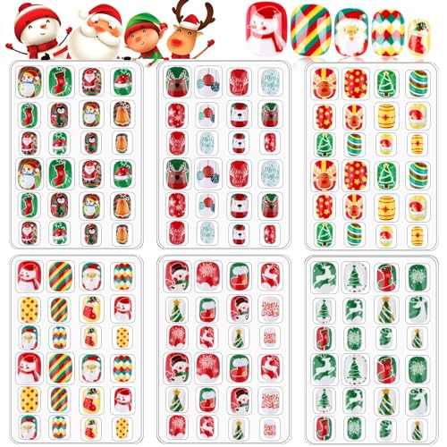 EBANKU 6 Stücke Weihnachten Kinder Falsche Nägel,3D Full Cover Fingernägel Niedliche für Mädchen DIY Nail Art Dekoration-C von EBANKU