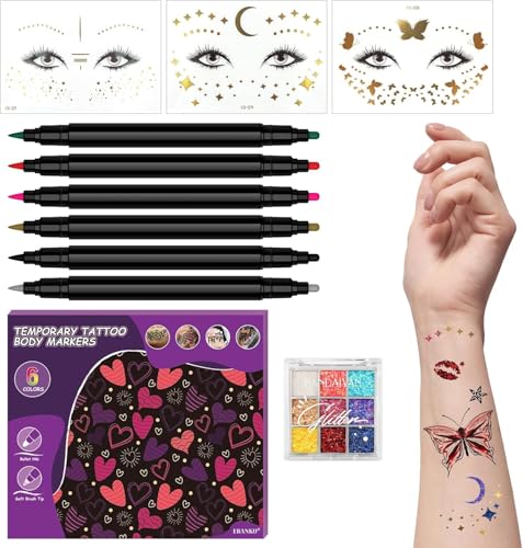 EBANKU 6PCS Temporäre Tattoo Stifte, Körper Tattoo Marker für Haut Dual Tip Tattoo Stift für dicke und dünne Linien mit 3 Gesicht Temporäre Tattoo Aufkleber und 1 Gesicht Glitter für Mädchen von EBANKU