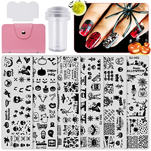 EBANKU 6Pcs Nagel Stempelschablone, Nail Stamping Plates Halloween Geisterschädel Spinnennetz Kürbis Maniküre Nail Art Template, mit 1 Stempel + 1 Schaber + 1 Aufbewahrungsbeutel von EBANKU