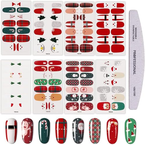 EBANKU 8 Blatt Weihnachten Full Wraps Nail Sticker Selbstklebende Nail Art Sticker Schneemann Schneeflocke Nail Wrap Decals Maniküre Nail Art Dekoration für Frauen Mädchen mit 1 Stück Nagelfeile von EBANKU
