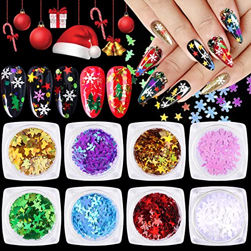 EBANKU 8 Boxen Weihnachten Nail Art Pailletten Schneeflocken Glitzer,Holographische Laser Weihnachten Nagelflocken Paillette Weihnachtsbaum Nageldekoration für DIY Christmas Nagel Gesicht Körper Dekor von EBANKU