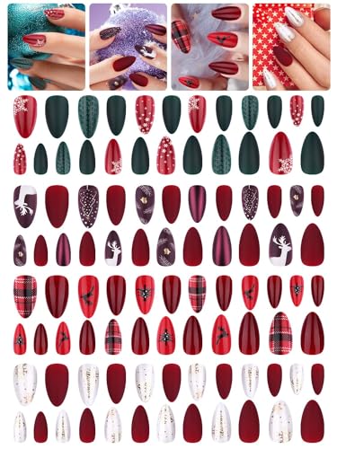 EBANKU 96 pcs Weihnachten Falsche Nägel,3D Full CoverWeihnachtsmann Schneeflocke Weihnachtsbaum Volle Abdeckung Fingernägel für Mädchen DIY Nail Art Dekoration von EBANKU