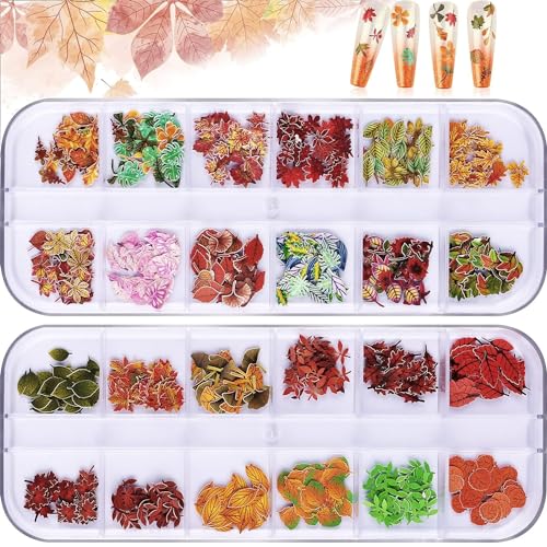 EBANKU Ahornblatt Glitter Decals, 24 Grids Art Stickers 3D Nail Art Supplies Herbst Wood Pulp Chips Confetti für Frauen Nail Art Decor und DIY Craft von EBANKU