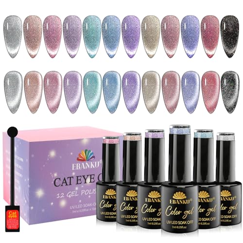 EBANKU Cat Eye UV Gel Nail Polish Set, 12 Farben Holografischer Katzenaugen Gel Glitzer Cat Eye UV/LED Magnetischer Gel Nagellack mit Magnetic Stick von EBANKU