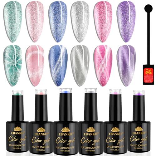 EBANKU Cat Eye UV Gel Nail Polish Set, 6 Farben Holografischer Katzenaugen Gel Glitzer Cat Eye UV/LED Magnetischer Gel Nagellack mit Magnetic Stick von EBANKU