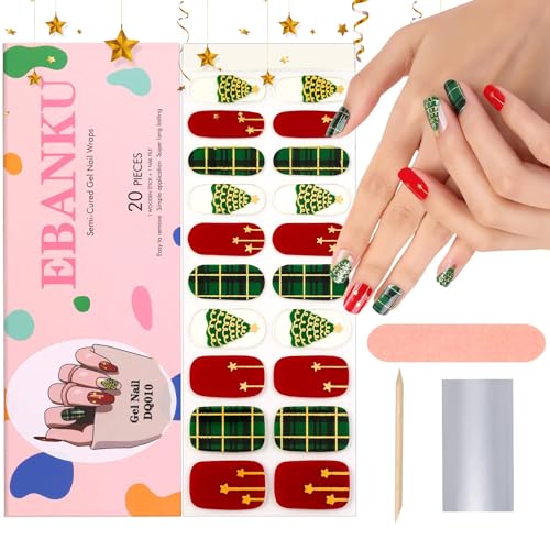 EBANKU Christmas Selbstklebend Nagelfolie,20PCS Nagellack Nagelaufkleber Gel Nagelaufkleber mit Nagelfeile und Stick, Selbstklebende Maniküre Sticker, UV/LED-Lampe Erforderlich (Weihnachtsbaum) von EBANKU