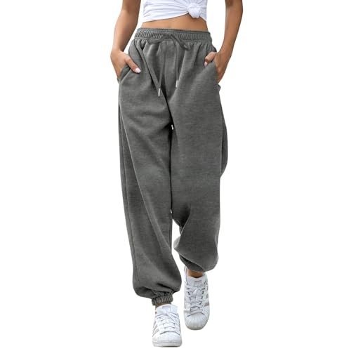 EBANKU Damen Jogginghose mit Cinch-Bottom und Taschen, einfarbiger Trainingsanzug, Baggy Hose mit elastischer Taille für lässiges Hip-Hop, Fitnessstudio und Joggen von EBANKU