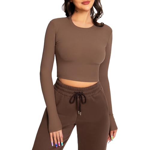 EBANKU Damen Langarm Crop Tops Rundhals Geripptes T-Shirt Slim Fit Lässige Basic Tops von EBANKU