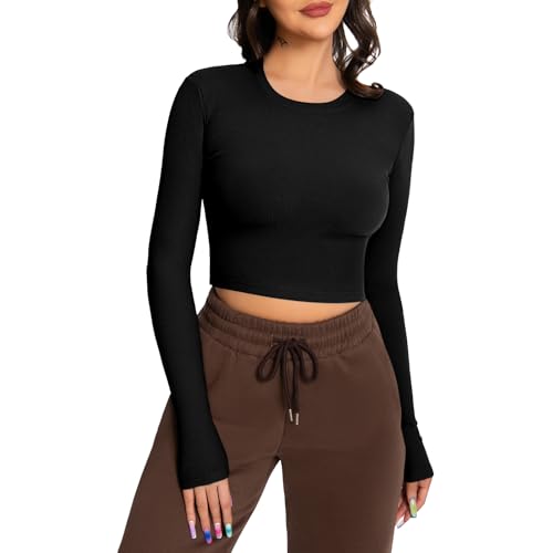 EBANKU Damen Langarm Crop Tops Rundhals Geripptes T-Shirt Slim Fit Lässige Basic Tops EBANKU Damen Langarm Crop Tops Rundhals Geripptes T-Shirt Slim Fit Lässige Basic Tops von EBANKU