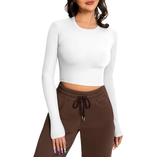 EBANKU Damen Langarm Crop Tops Rundhals Geripptes T-Shirt Slim Fit Lässige Basic Tops von EBANKU