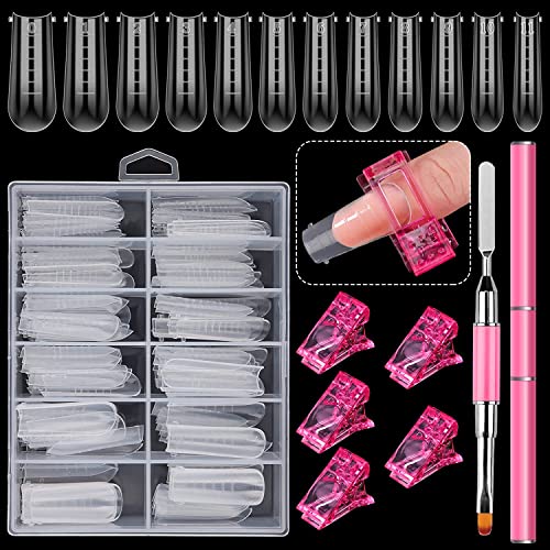 EBANKU Dual Nail Forms Set, 120 Stück Klare Falsche Nägel Tipps Sargnagelform, Nagelverlängerung Kit für gelnägel Acryl Nägel mit 1 Stück Dual-Ended Acryl Malpinsel und 5 Stück Nagelspitzen Clip von EBANKU