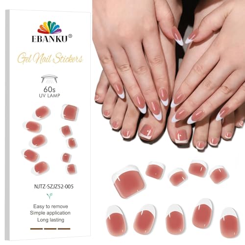 EBANKU UV Gel Nagelfolie, 24PCS French Nagelfolie Selbstklebend | Gel UV Stickers | 28PCS Pedi UV Gel Strips Nagelaufkleber Härtend mit Nagelfeile und Stick fur Frauen Mädchen Nageldekoration von EBANKU