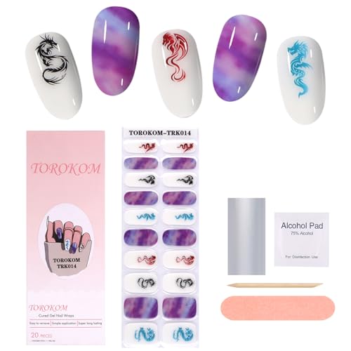 EBANKU Halbgehärtete Gel-Nagelstreifen, lila-weißer Drachen-Gel-Nagelstreifen, langlebig, wasserfest, echte Nagellackstreifen, Wraps, Aufkleber, Nagelfeile, Nageltüchern und Versiegelung von EBANKU