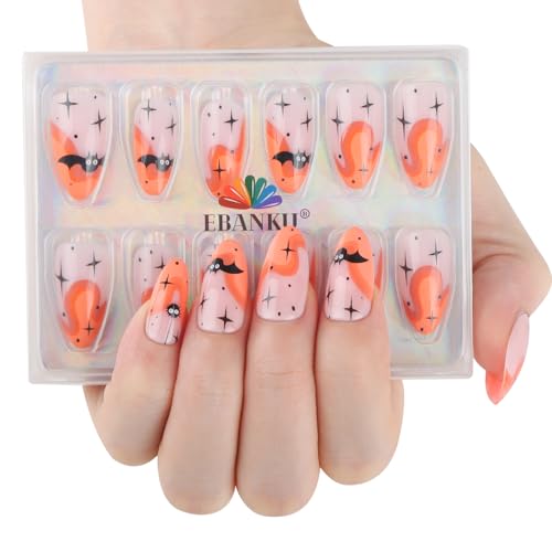 EBANKU Halloween 32Pcs kurze Presse auf Nägel Französisch Tip Alomd gefälschte Nägel mit niedlichen Fledermäusen Muster Entwurfs Volle Deckung glänzend Acryl Nägel für Frauen von EBANKU