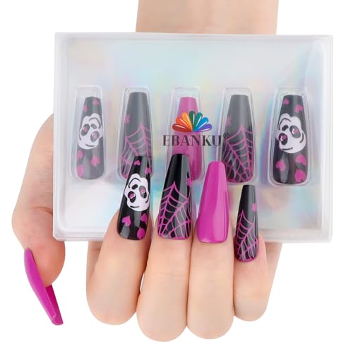 EBANKU Halloween 32Pcs lange Sarg Presse auf Nägel Französisch Tip Alomd gefälschte Nägel mit niedlichen Schädel Spinne Wed Muster Entwurfs Voller Schutz glänzend Acryl Nägel für Frauen von EBANKU